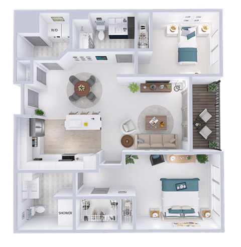 Floor plan for 2 beds, 2 baths, 1157 sqft